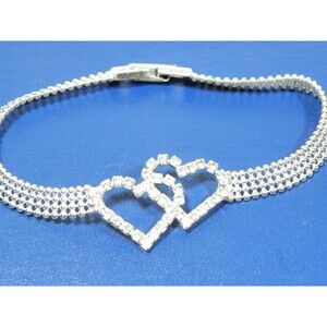 Rhinestone Double Heart Bracelet Silver Tone Mesh Link Wedding Bridal Love
